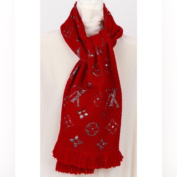 EUC Louis Vuitton Red Metallic Logomania Scarf - Picture 1 of 4
